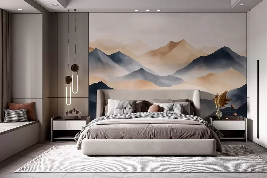 wall murals Планински пејзажи, акварел стил, магла, беж и сива w03548