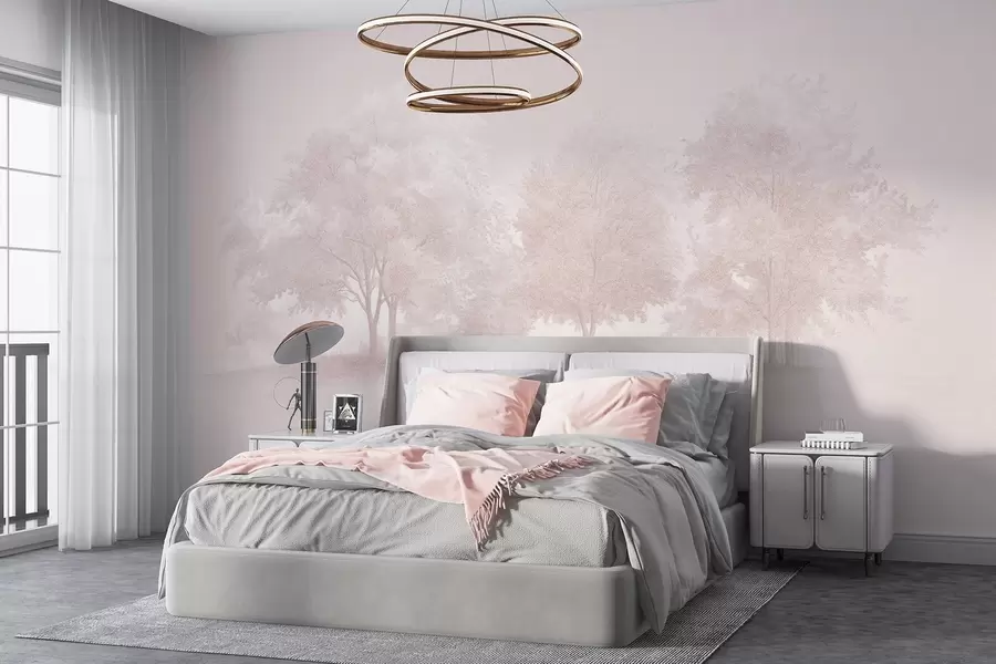 wall murals Цветно дрвеће, пролеће, цртеж у стилу оловке, розе боје, природа w03549