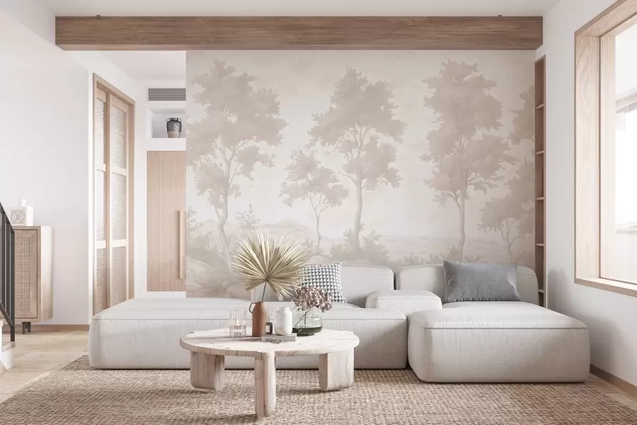 wall murals Дрвеће на брду, цртеж у пастелном стилу, беж боје, рустикални w03550