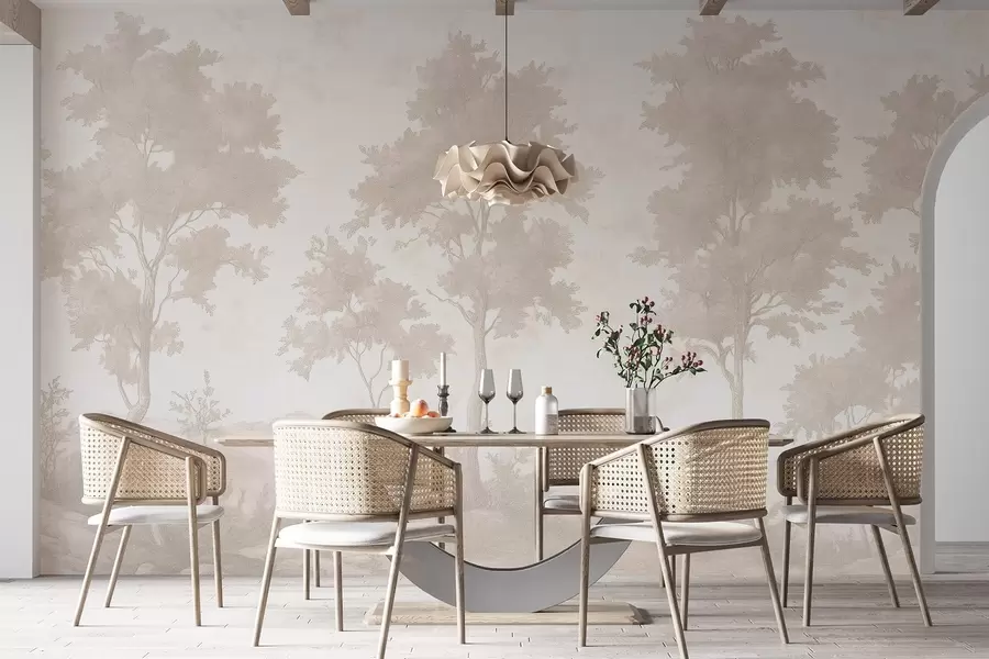 wall murals Дрвеће на брду, цртеж у пастелном стилу, беж боје, рустикални w03550