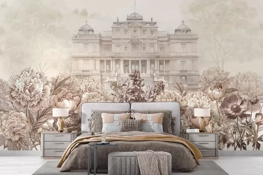 wall murals Краљевска палата са вртом божура, акварел стил, природа, беж боје, бохо w03552