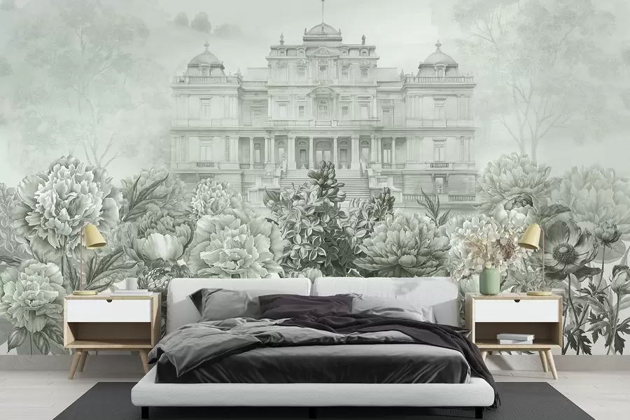 wall murals Краљевска палата са вртом божура, стил акварела, природа, зелене боје, бохо w03552v2