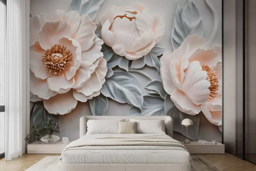 wall murals Величанствени велики божури са листовима у фреско стилу w08954