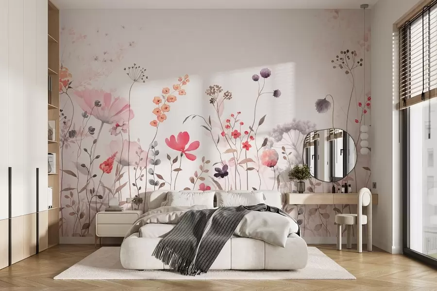 wall murals Дивље цвеће у стилу акварела са маком, хризантемама, маслачцима и травом w08956