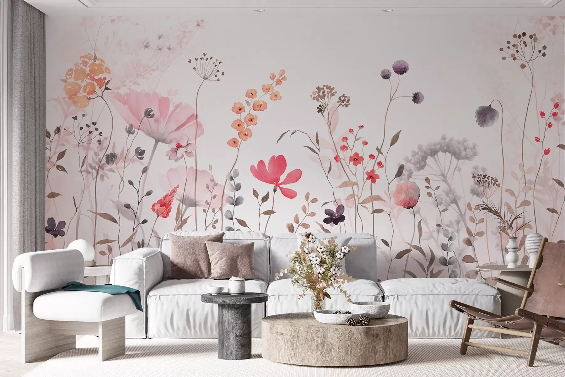 wall murals Дивље цвеће у стилу акварела са маком, хризантемама, маслачцима и травом w08956