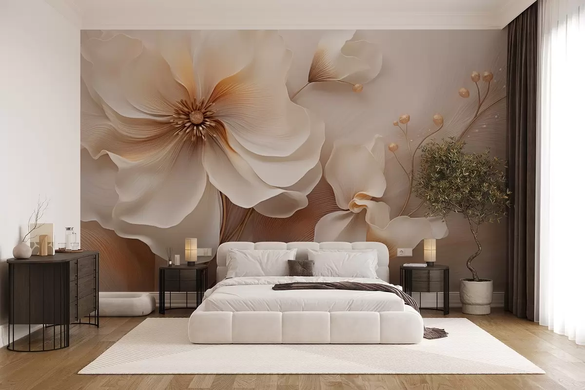 wall murals Беж и светло браон дивље траве са цвећем у беж тоновима w08960