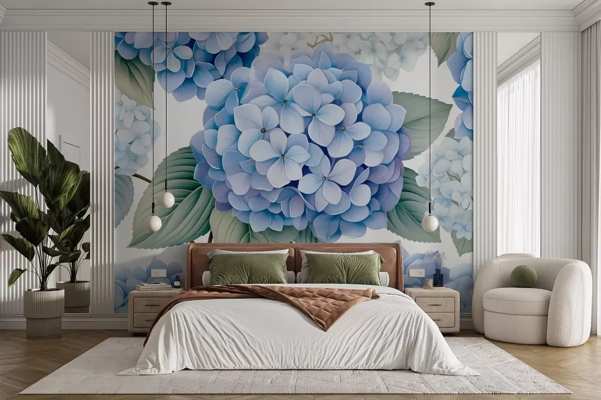 wall murals Композиција са деликатним плавим хортензијама и листовима w08961