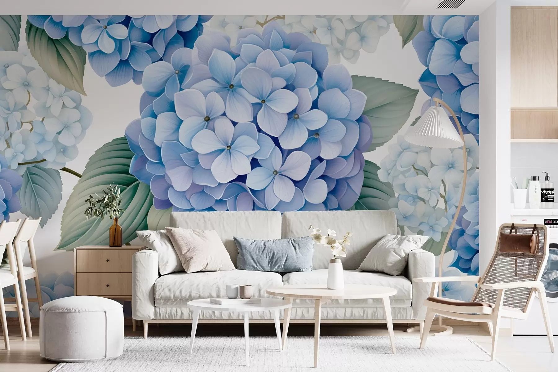 wall murals Композиција са деликатним плавим хортензијама и листовима w08961