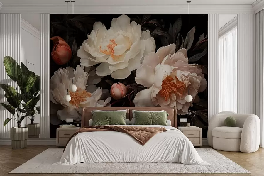 wall murals Бели велики божури са црвеним пупољцима на тамној позадини w08965