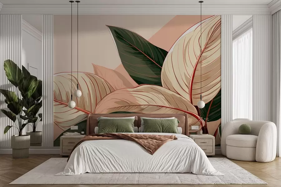 wall murals Зелено-беж велики тропски листови са ружичастим фрагментом w08970