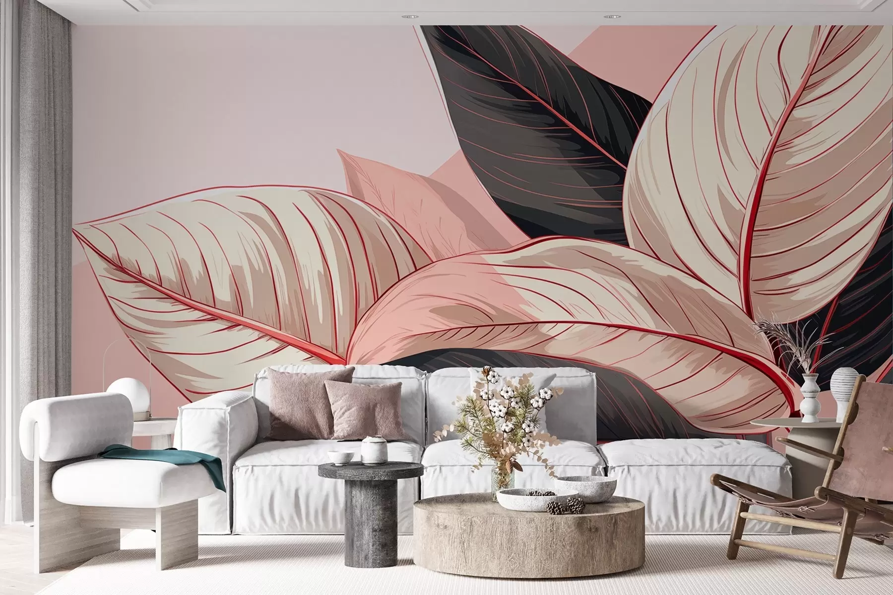 wall murals Розе-сиви велики тропски листови са ружичастим фрагментом w08970v1