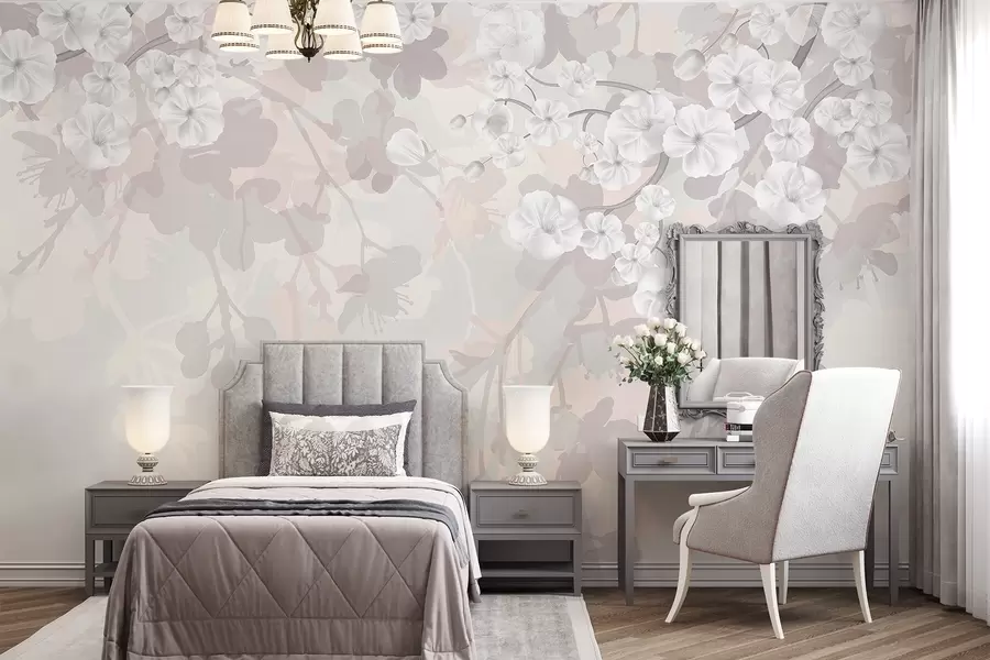 wall murals Гране цвета трешње са белим цветовима и сивим листовима, на елегантним цветним силуетама у нежним пастелним бојама w08973v1