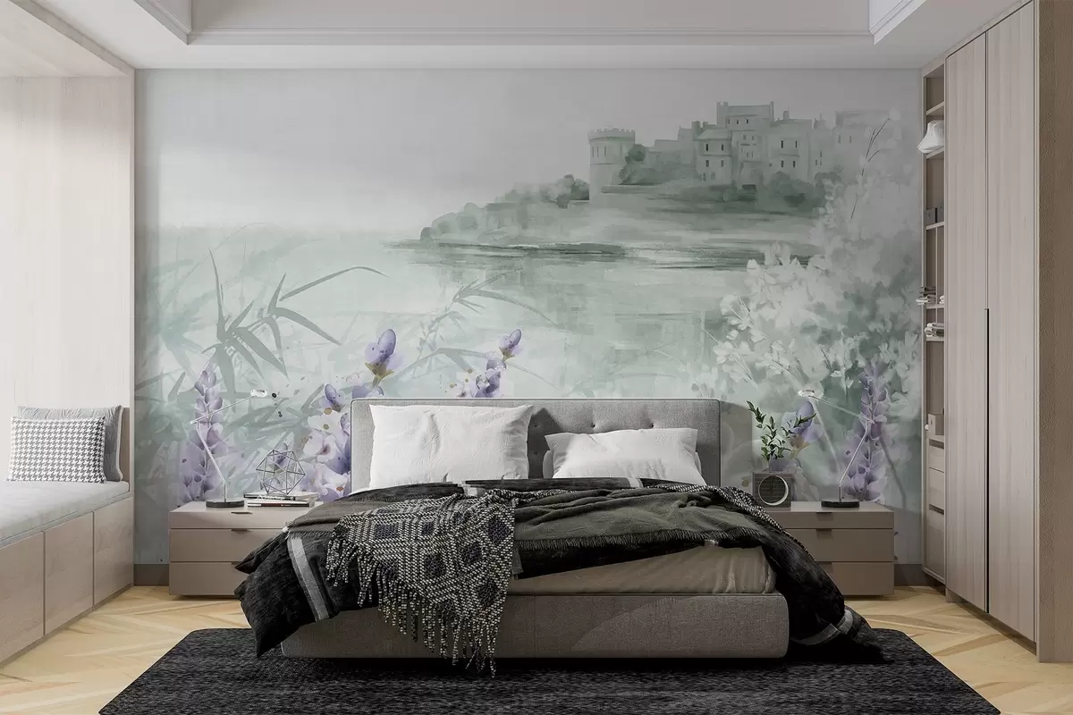 wall murals Текстурирани старински пејзаж са замком на литици са погледом на море, са цветовима лаванде у пригушеним бојама w08975