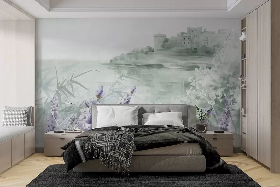 wall murals Текстурирани старински пејзаж са замком на литици са погледом на море, са цветовима лаванде у пригушеним бојама w08975