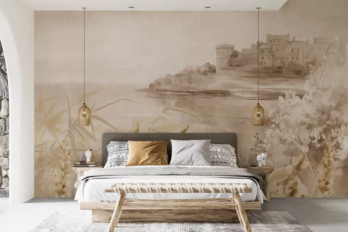 wall murals Текстурирани старински пејзаж са замком на литици са погледом на море, са цветовима лаванде у пригушеним бојама w08975v1