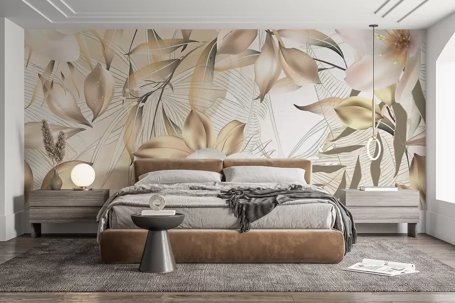 wall murals Цвеће и листови јасмина, нежне боје, ботаничка илустрација, цветна позадина, елегантан дизајн, деликатне латице w08977