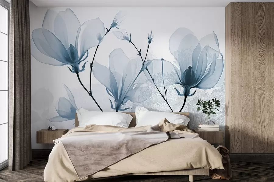 wall murals Провидно плаво цвеће магнолије са силуетама цвећа са деликатним латицама и тамним стабљикама w08978