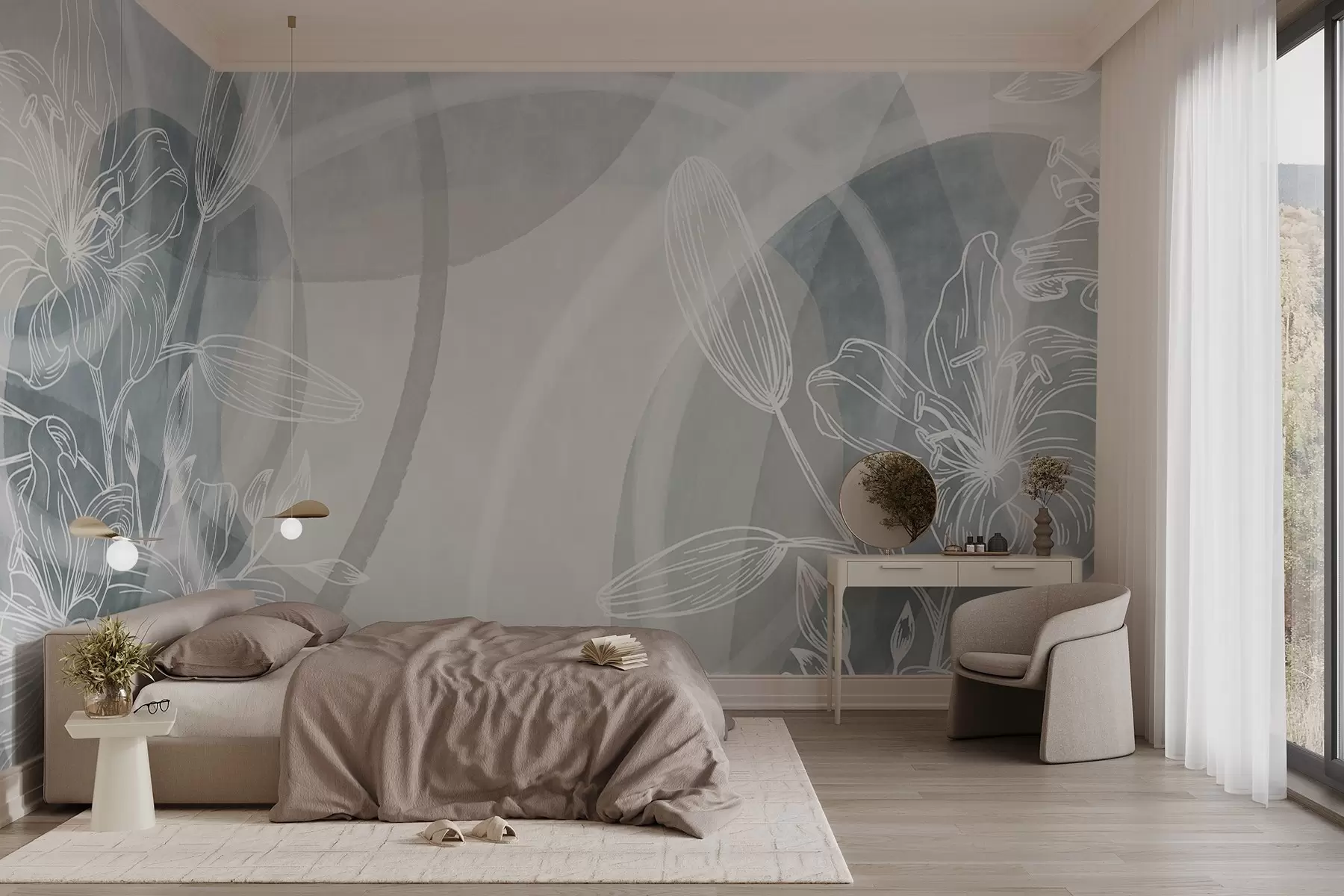 wall murals Минималистички цветни дизајн са белим линијама уметничког цвећа и листова, преклапајући апстрактне кругове у нијансама сиве и плаве  w08979