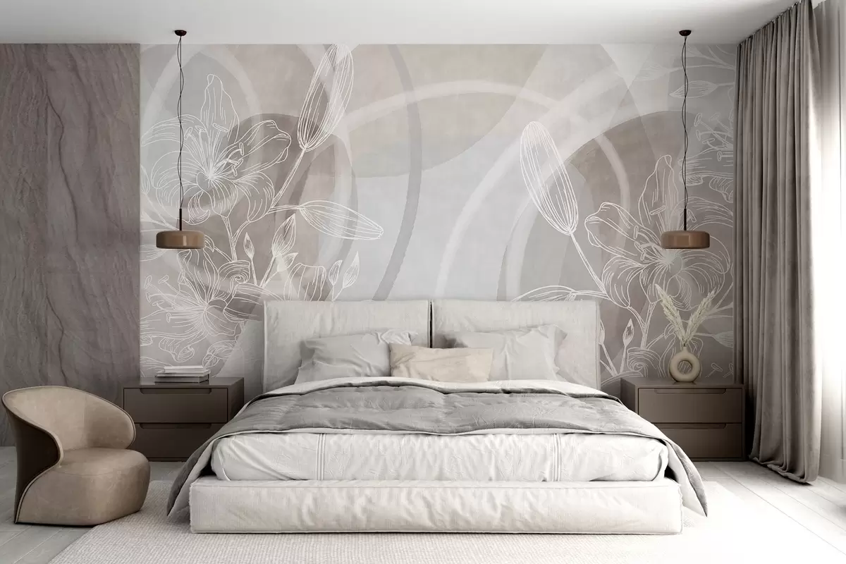 wall murals Минималистички цветни дизајн са белим линијама уметничког цвећа и листова, преклапајући апстрактне кругове у нијансама беж и плаве w08979v1