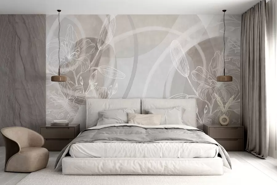 wall murals Минималистички цветни дизајн са белим линијама уметничког цвећа и листова, преклапајући апстрактне кругове у нијансама беж и плаве w08979v1