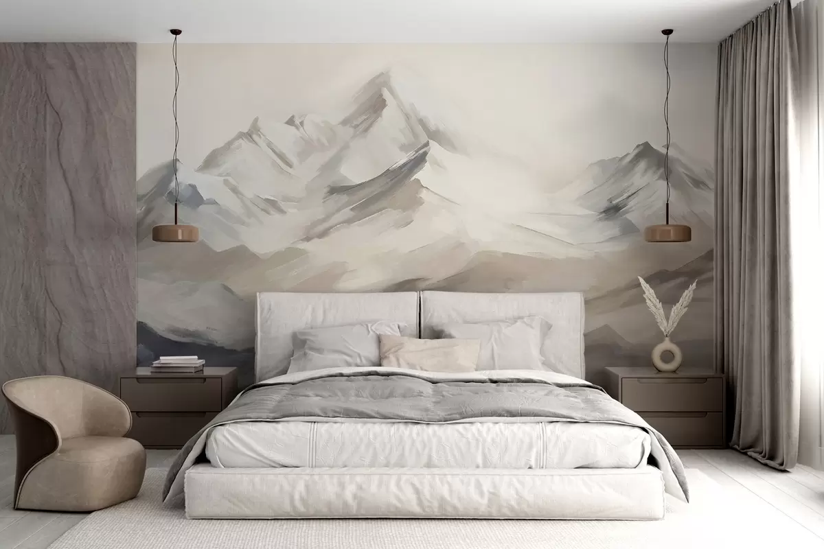 wall murals Планински пејзаж са светлим небом, потези четкице, неутралне беж и сиве боје, планински венац  w08980