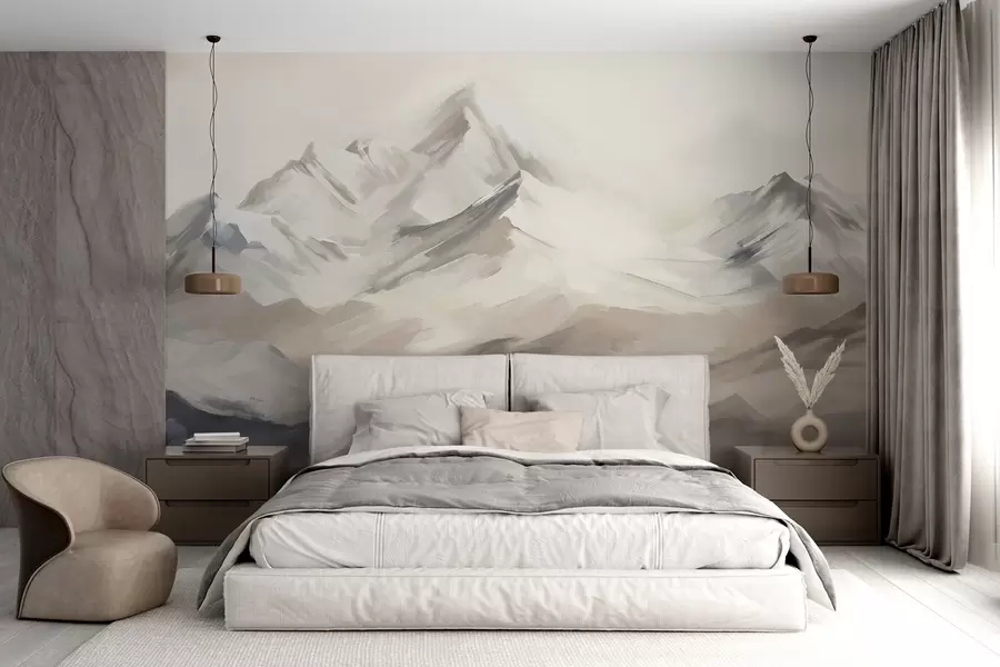 wall murals Планински пејзаж са светлим небом, потези четкице, неутралне беж и сиве боје, планински венац  w08980