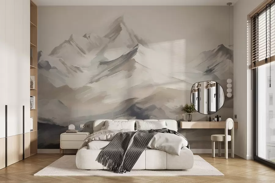 wall murals Планински пејзаж са светлим небом, потези четкице, неутралне беж и сиве боје, планински венац  w08980