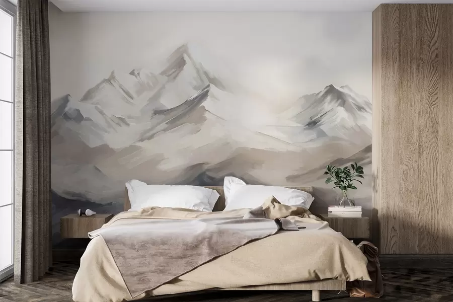 wall murals Планински пејзаж са светлим небом, потези четкице, неутралне беж и сиве боје, планински венац  w08980