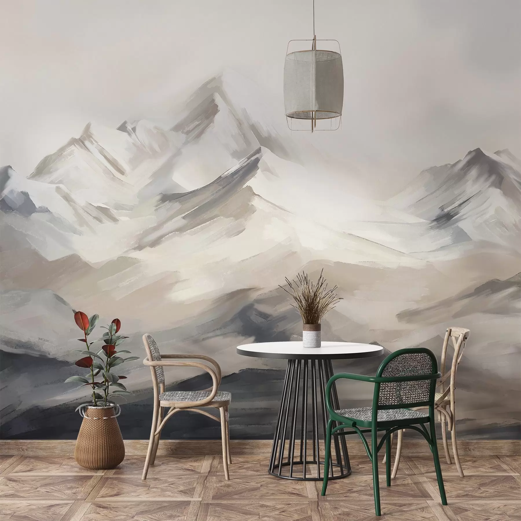 wall murals Планински пејзаж са светлим небом, потези четкице, неутралне беж и сиве боје, планински венац  w08980