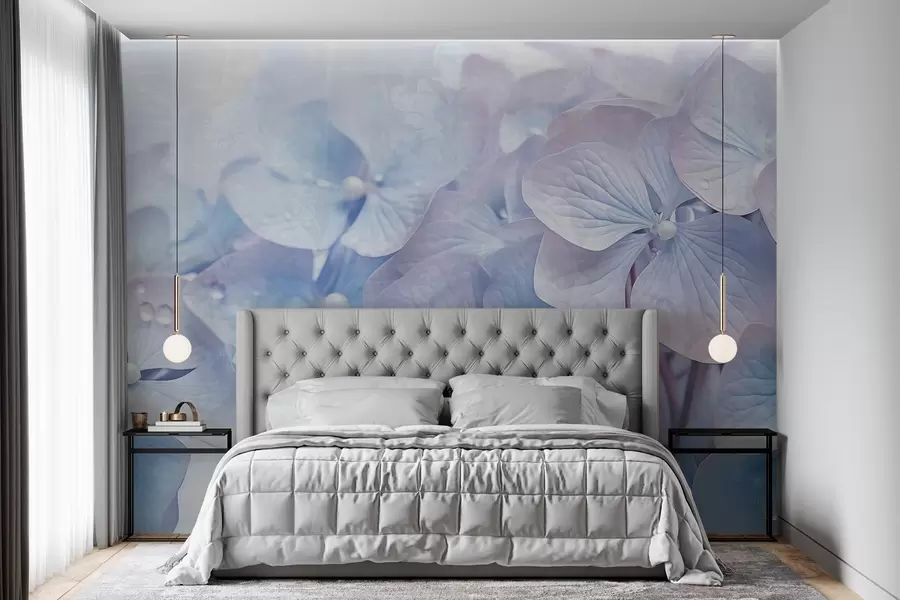 wall murals Винтаге текстурирано плаво и розе цвеће хортензије са капљицама воде на латицама, замагљена ружичаста позадина w08981
