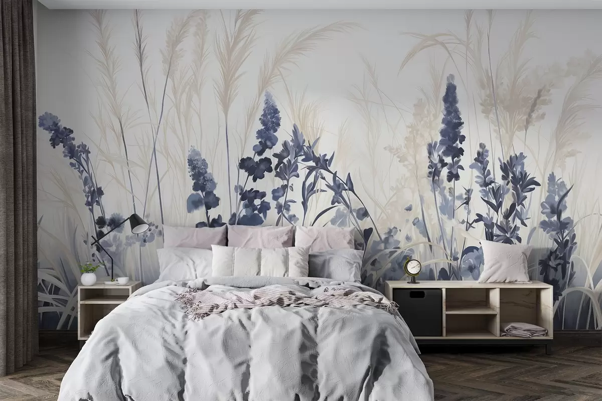 wall murals Плаво цвеће и беж трска у пољу, минималистичка текстура сликања, светла позадина, меке боје, деликатни потези четкицом  w08982