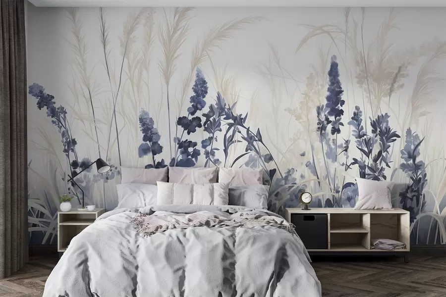 wall murals Плаво цвеће и беж трска у пољу, минималистичка текстура сликања, светла позадина, меке боје, деликатни потези четкицом  w08982