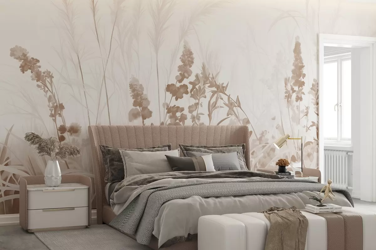 wall murals Смеђе цвеће и беж трска у пољу, минималистичка текстура сликања, светла позадина, меке боје, деликатни потези четкицом  w08982v1