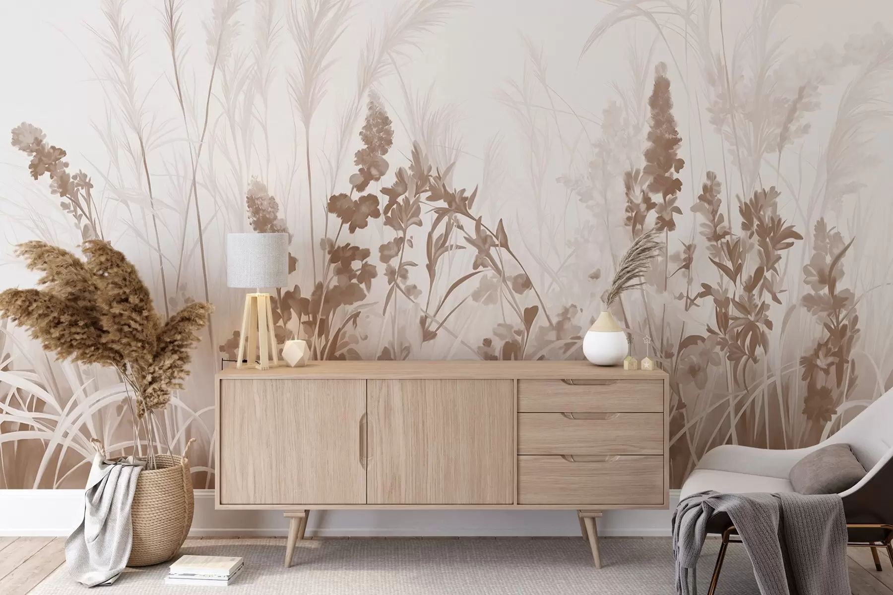 wall murals Смеђе цвеће и беж трска у пољу, минималистичка текстура сликања, светла позадина, меке боје, деликатни потези четкицом  w08982v1
