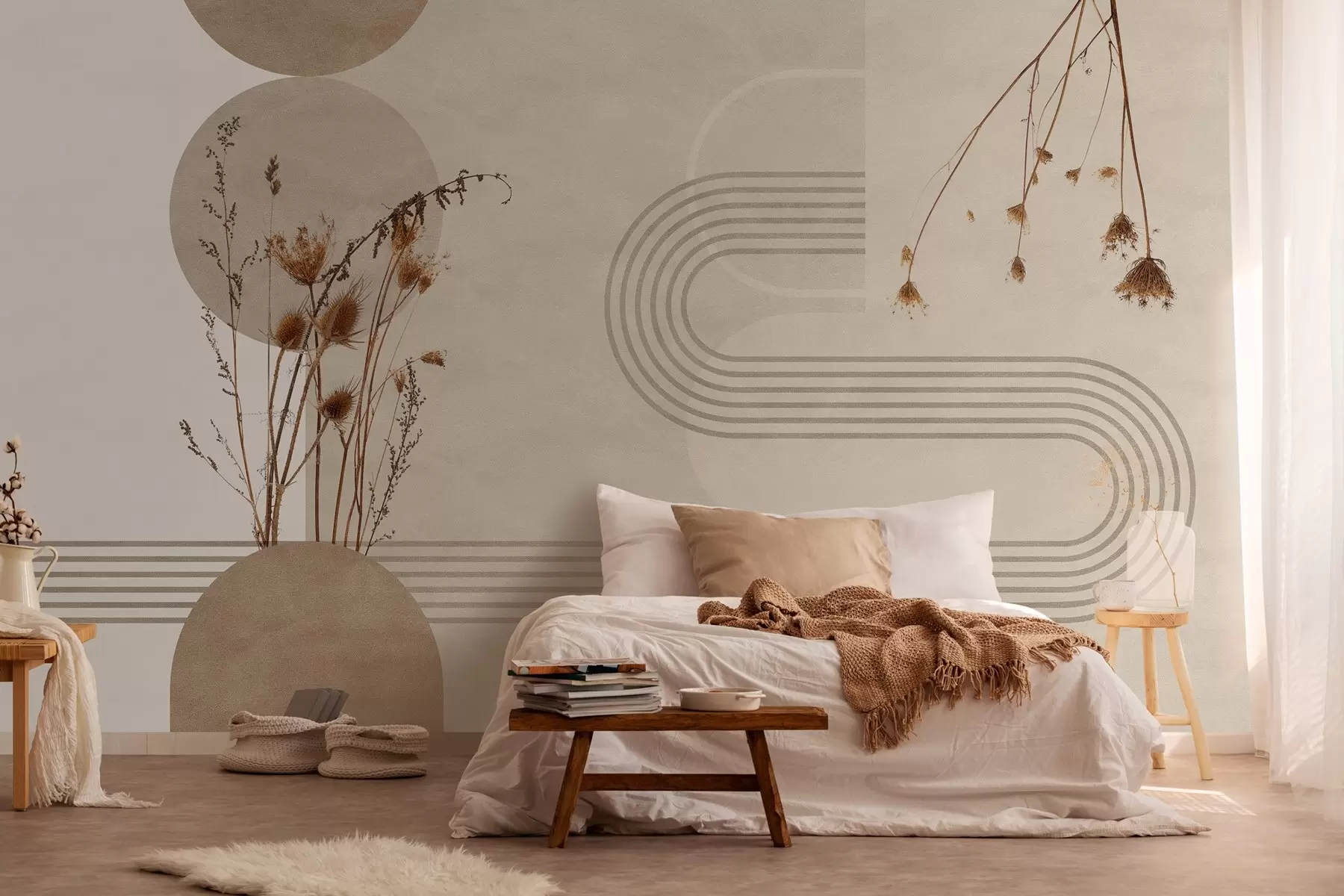 wall murals стилска геометрија и суво цвеће у беж тоновима w03449
