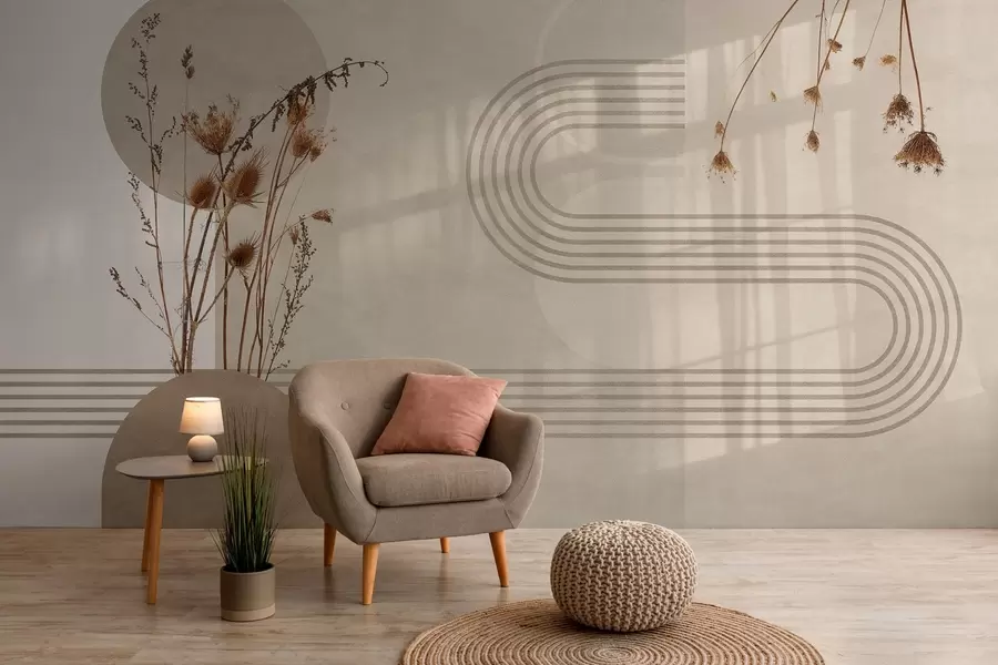 wall murals стилска геометрија и суво цвеће у беж тоновима w03449