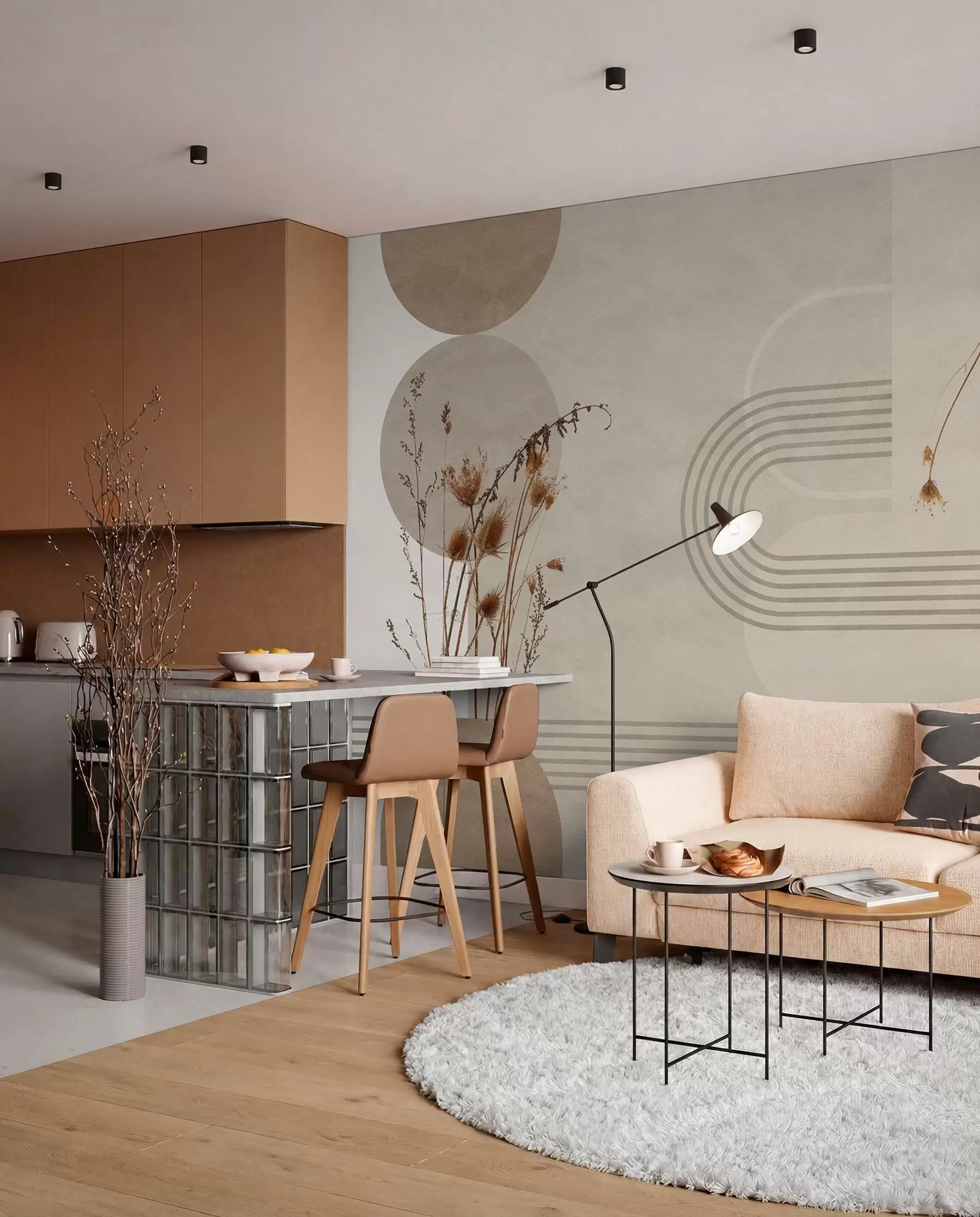 wall murals стилска геометрија и суво цвеће у беж тоновима w03449