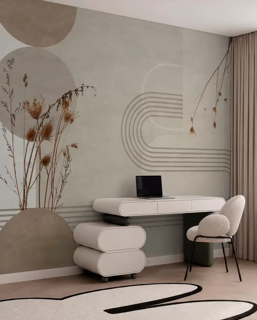 wall murals стилска геометрија и суво цвеће у беж тоновима w03449