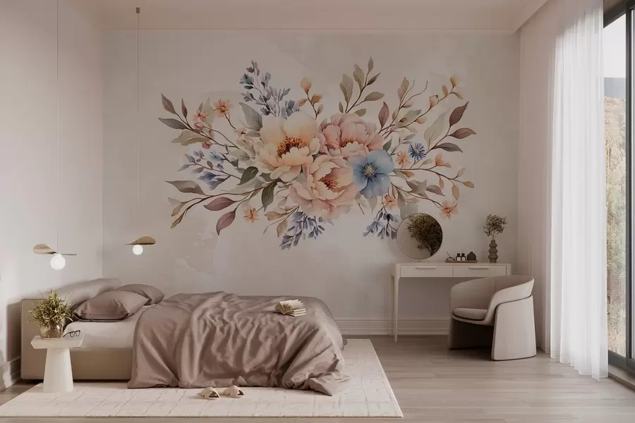 wall murals букет цвећа у акварел стилу у беж тоновима w03613