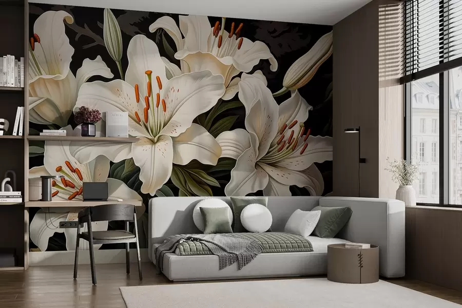 wall murals Елегантно велико бело цвеће на тамној позадини w08983