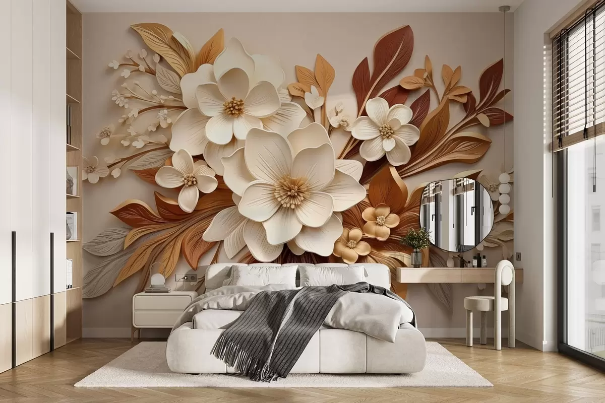 wall murals 3Д цвеће са листовима у оригами стилу у беж тоновима w08984
