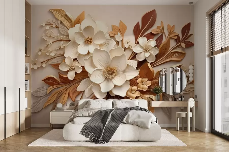 wall murals 3Д цвеће са листовима у оригами стилу у беж тоновима w08984