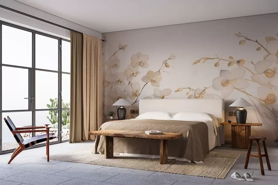 wall murals Беж орхидеје које расту са стране у води у стилу акварела w08998