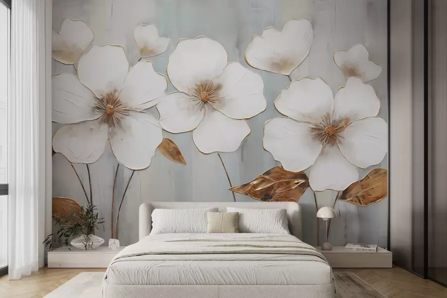 wall murals Велики бели цветови са жутим акцентним листовима на сивој позадини w08999