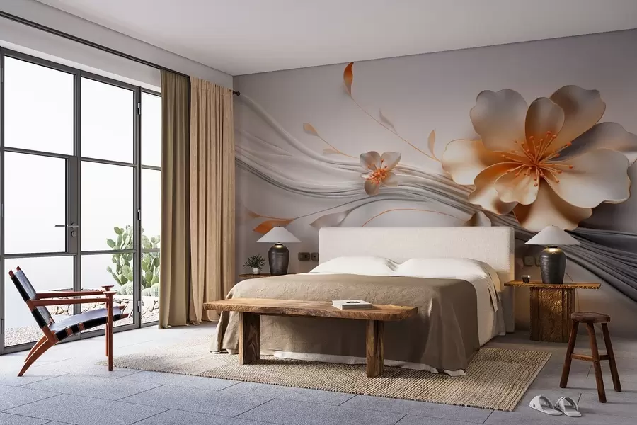 wall murals Наранџасти цвет на сивој апстрактној позадини w09004