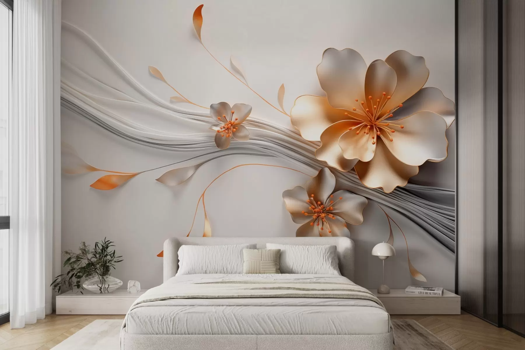 wall murals Наранџасти цвет на сивој апстрактној позадини w09004