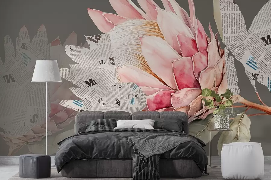 wall murals Цвеће протеа, новинска уметност, цветна, тропска, зелена позадина w03667v1