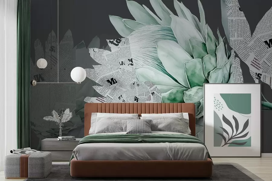 wall murals Цвеће протеа, новинска уметност, цветно, тропско, тамна позадина, зелене боје w03667v3