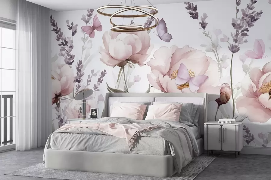 wall murals Цветна ливада, божури, лаванда, лептири, акварел стил, розе боје w03668