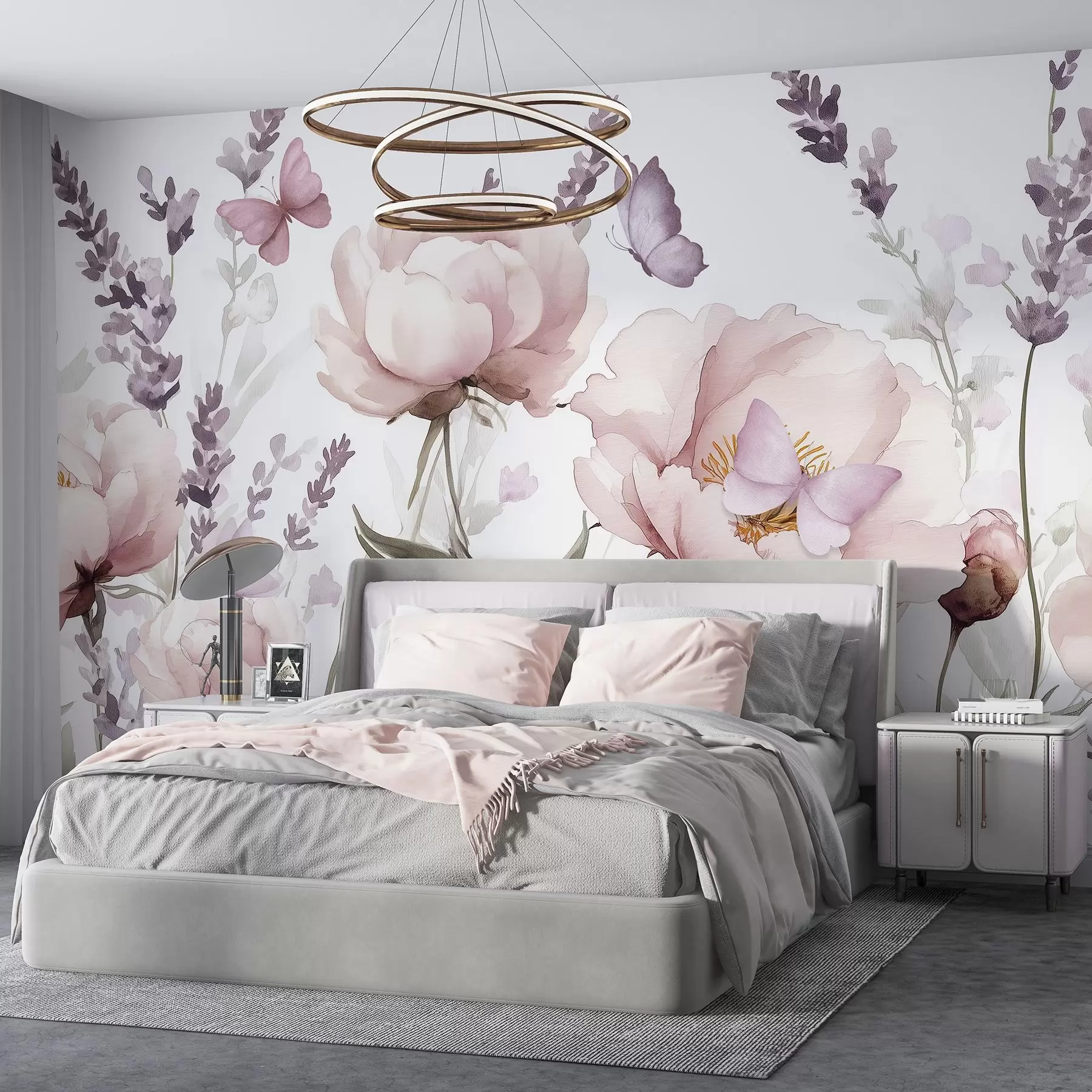 wall murals Цветна ливада, божури, лаванда, лептири, акварел стил, розе боје w03668